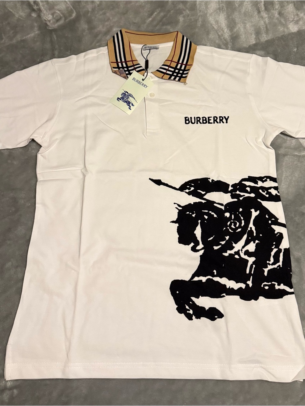 Burberry White Polo with Beige Check Collar and Black Stripes